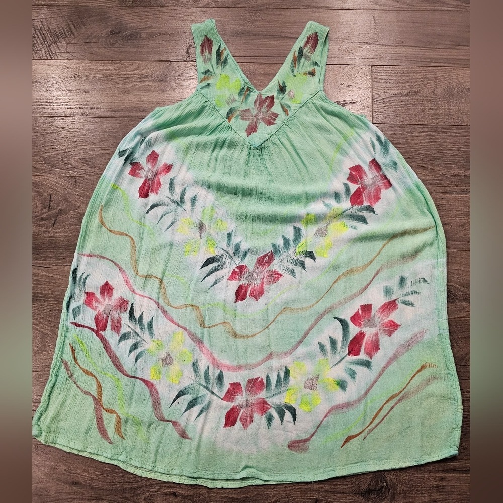 OSFM Floral Embroidered Dress V Neck Sleeveless Green Casual Summer Pool Beach